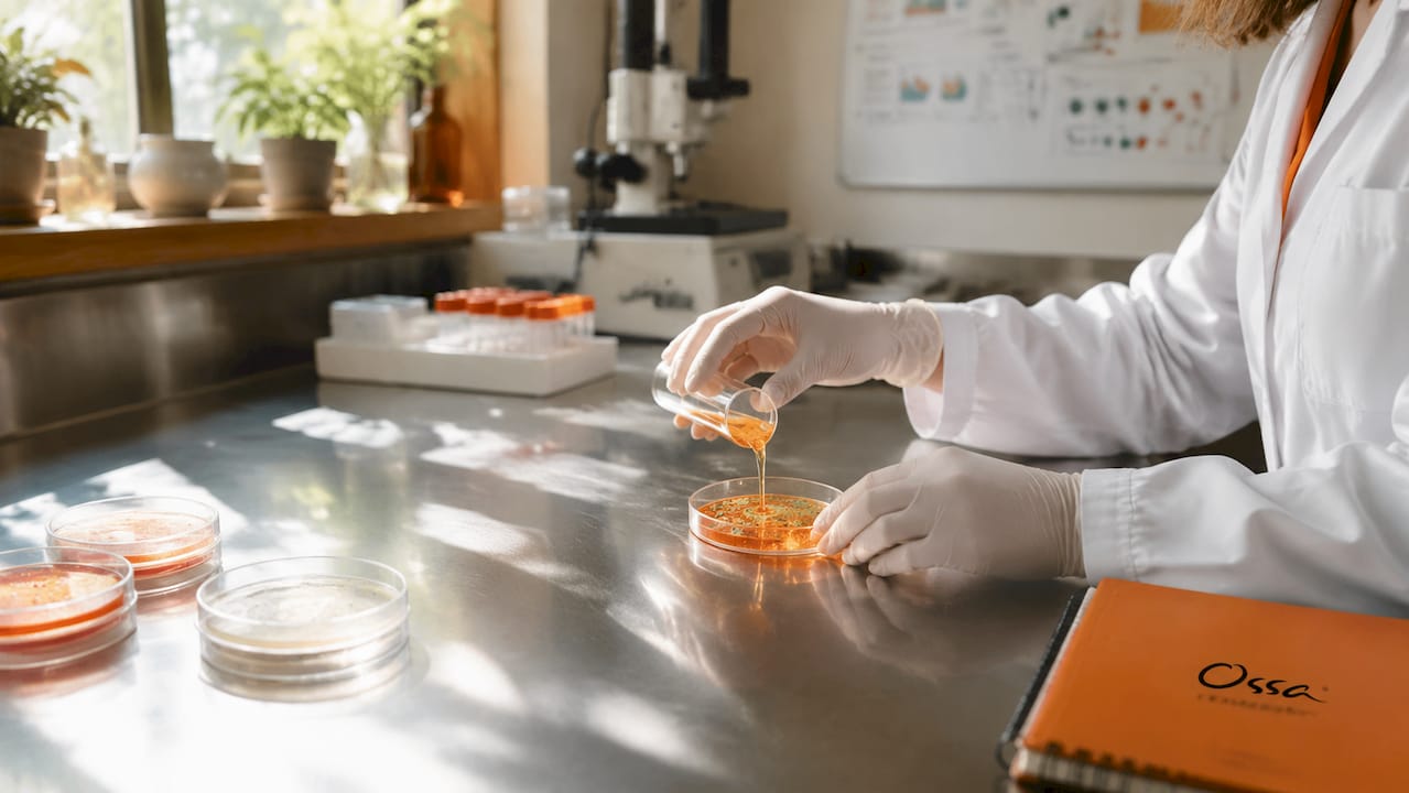 Lab technician studying gut bacteria samples