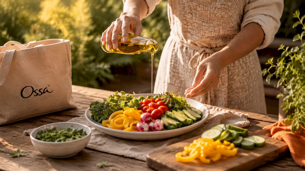 Hands salting organic vegetables in kitchen