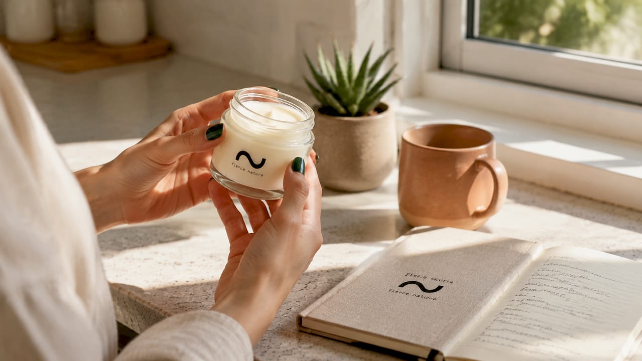 Close-up of hands holding cream jar on bathroom vanity