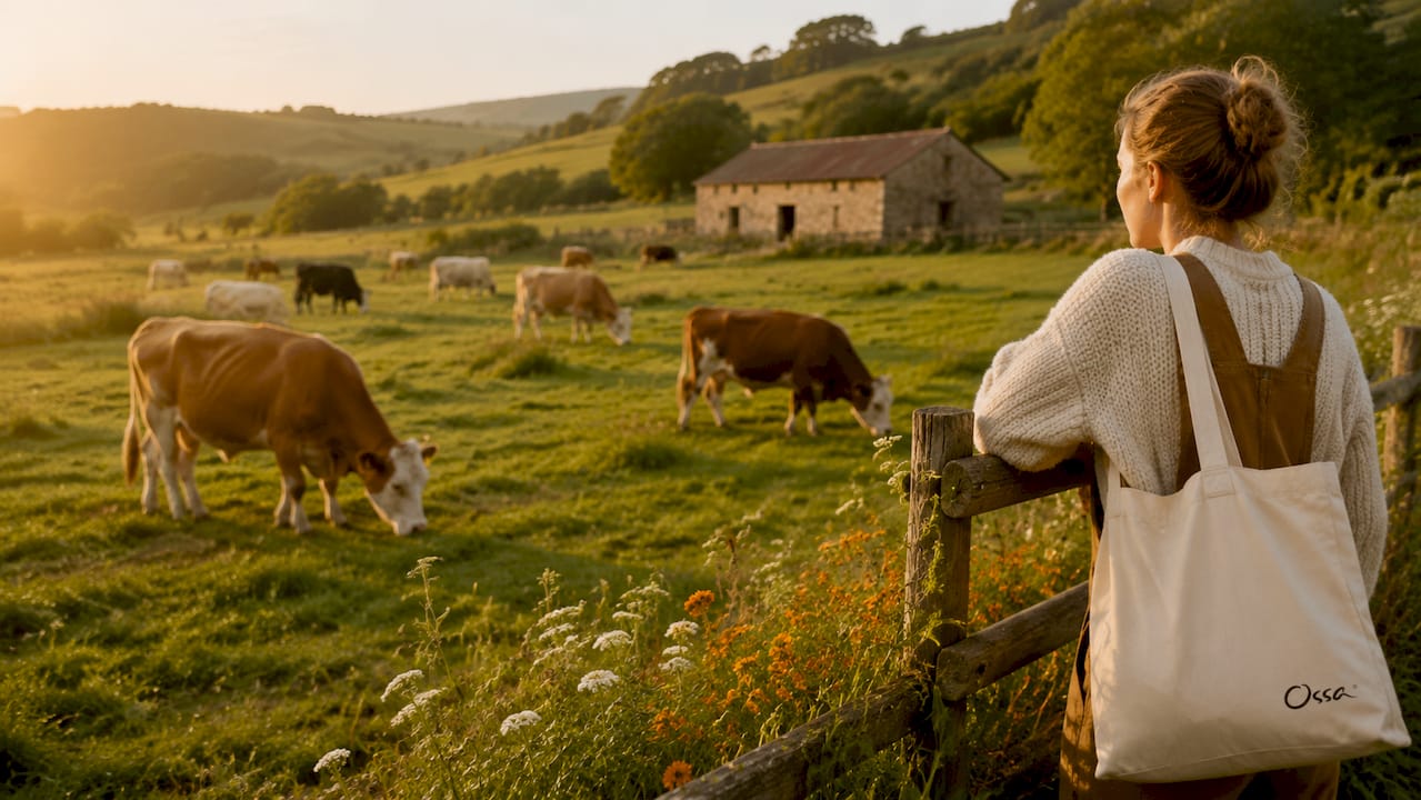 Organic farm pasture with grass fed cattle grazing