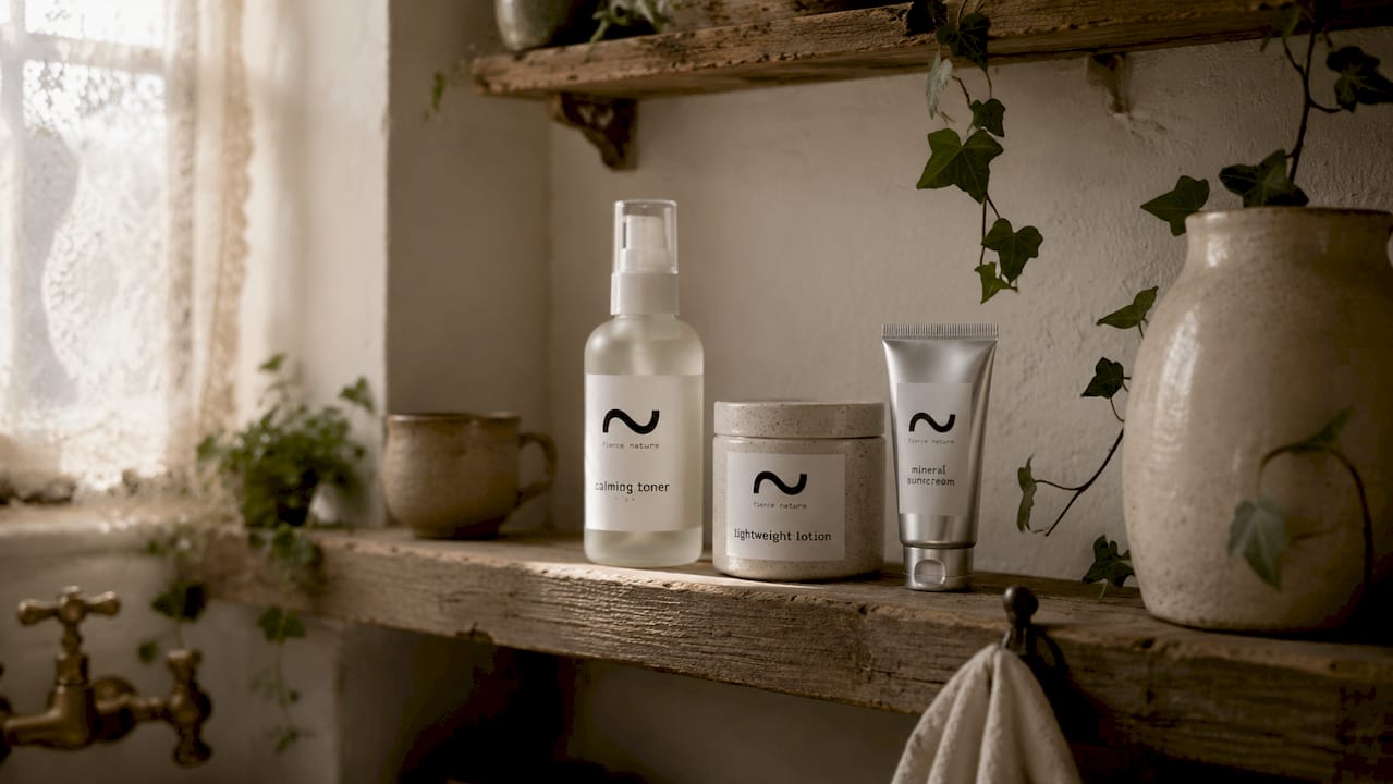 Minimalist natural skincare products on wooden shelf