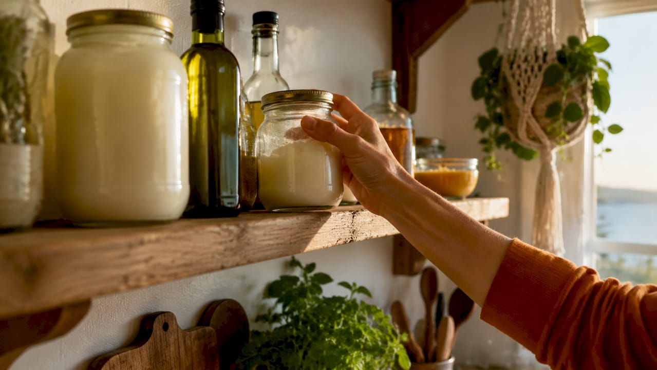 Hand reaching for organic fats and oils on kitchen shelf