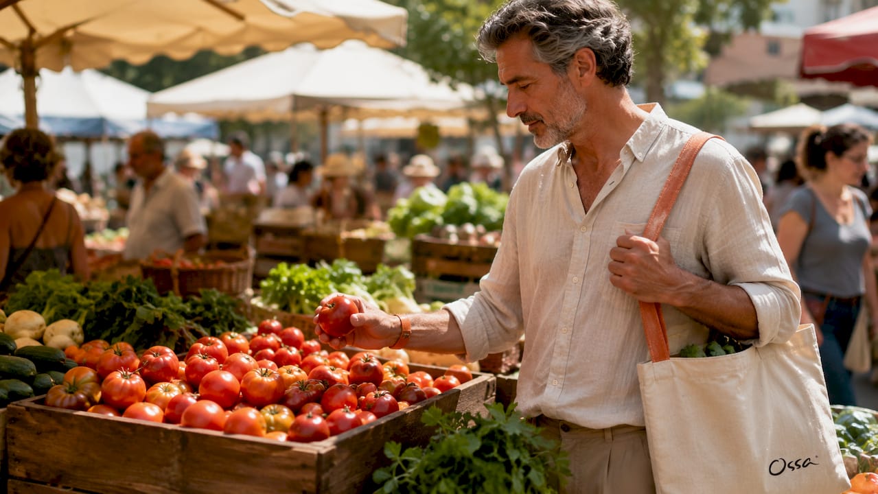 Man picking organic tomatoes at farmers market