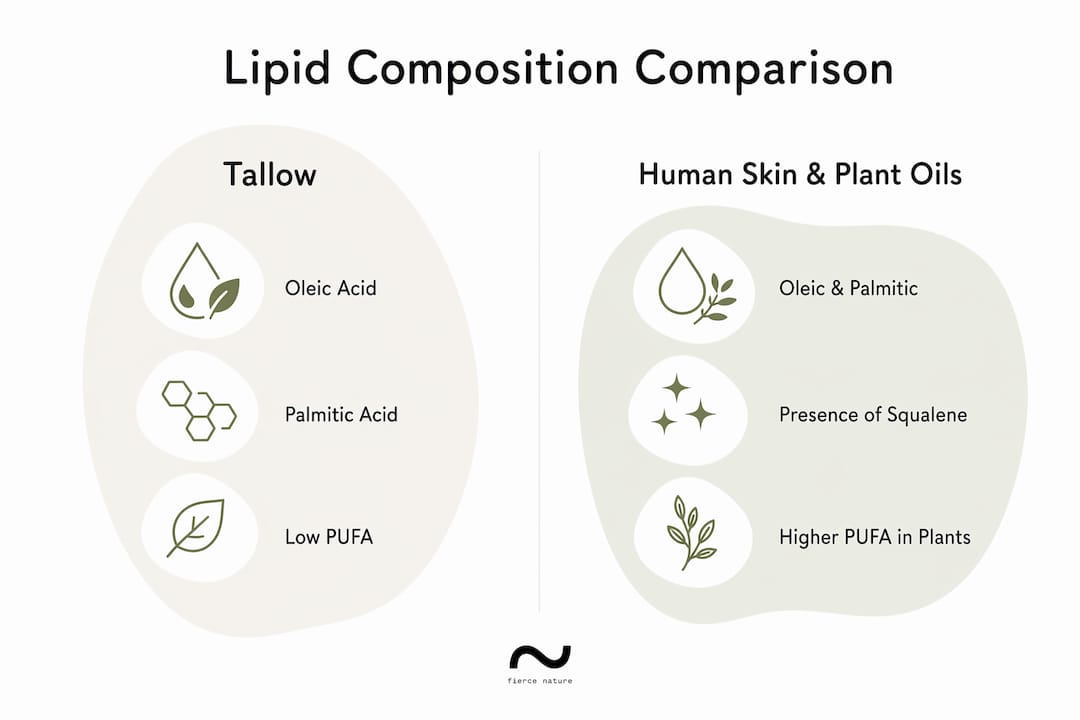 Infographic comparing fatty acid profiles of tallow, skin, and plant oils
