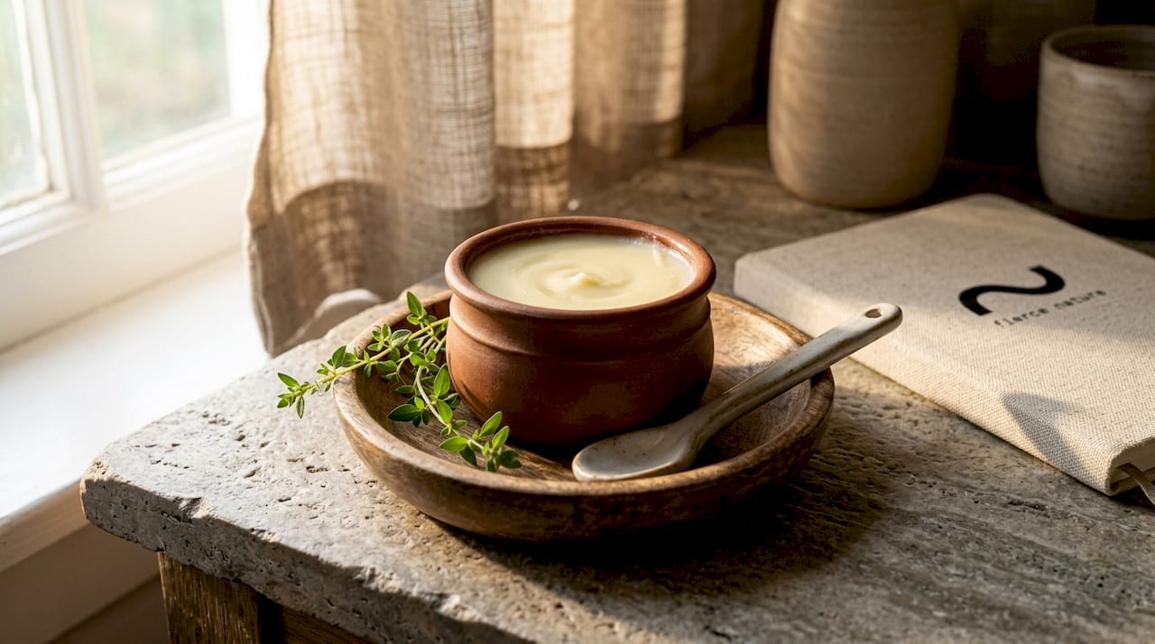 Glass vessel of melted grass-fed tallow with botanicals