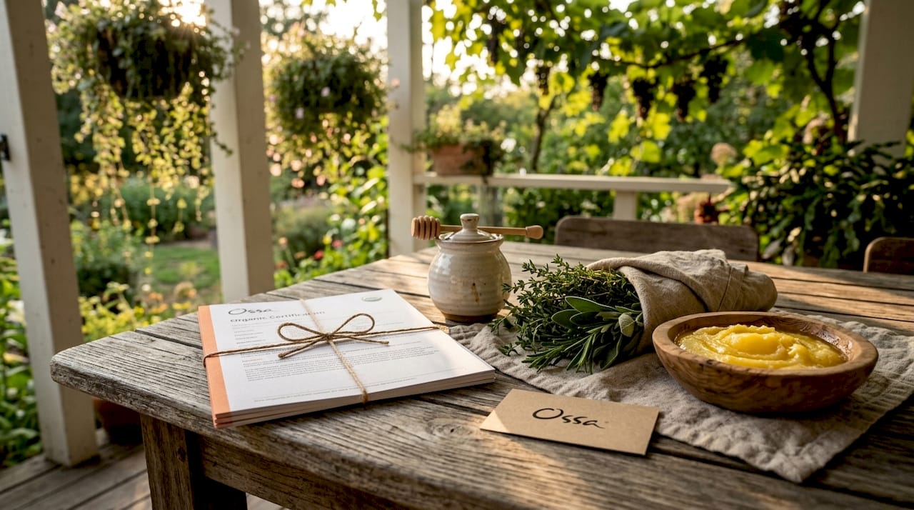 Printed organic certification papers in kitchen setting