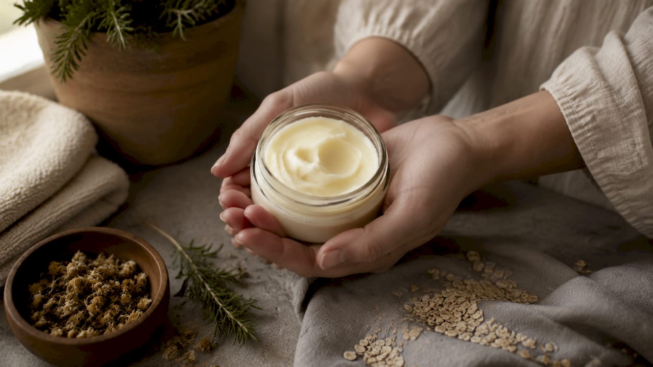 Hands holding natural skincare cream near botanical props