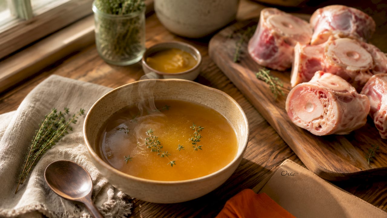 Close-up of collagen bone broth with beef bones and herbs