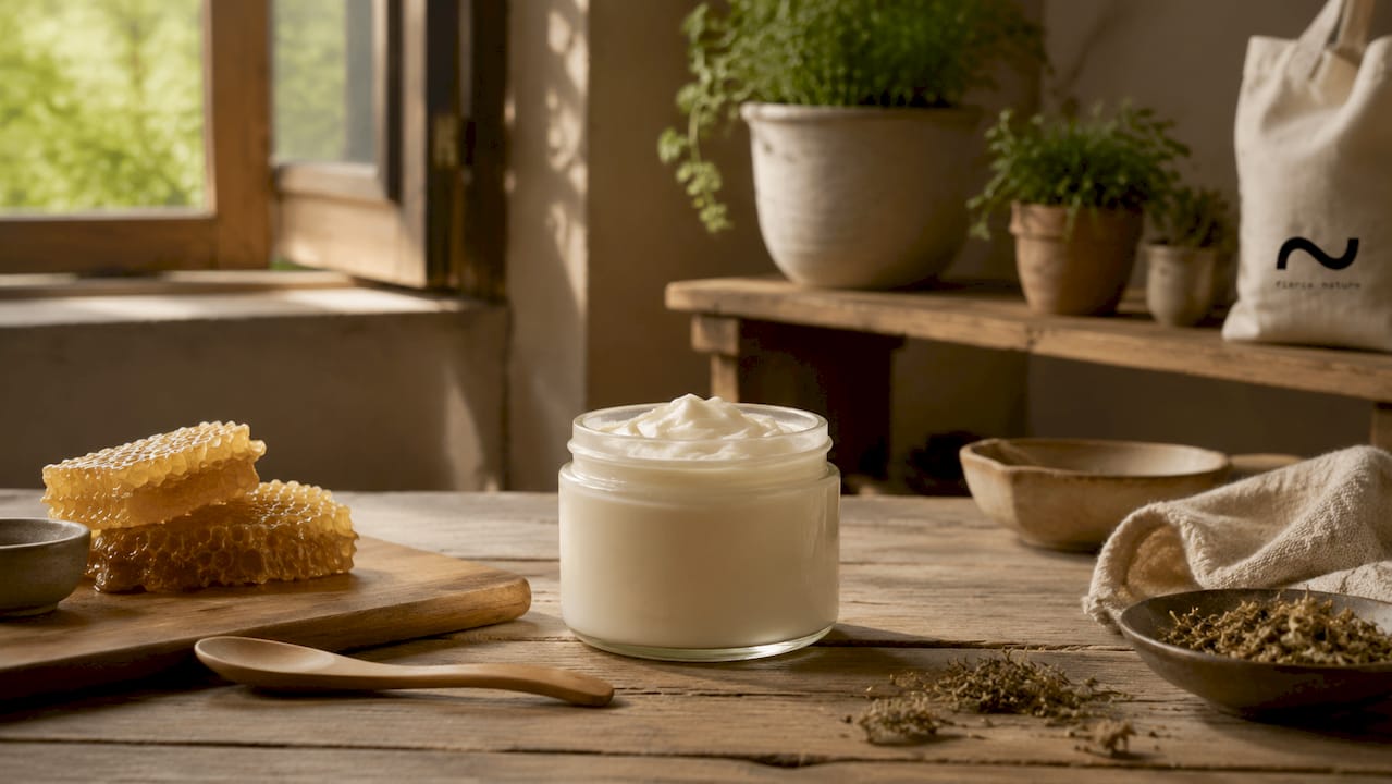 Close-up of organic tallow jar with natural props