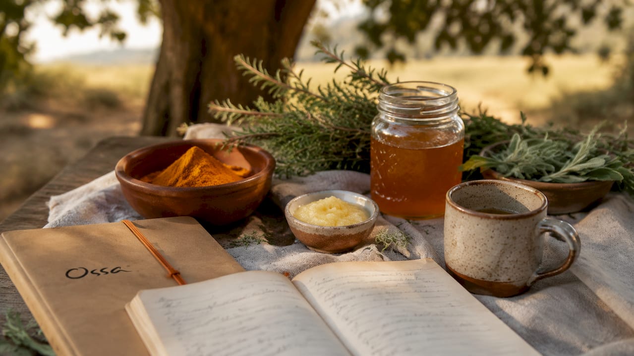 Overhead view of organic ingredients on wooden kitchen table with notebook