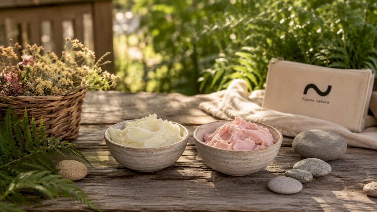 Close-up of bovine and sheep tallow in ceramic bowls