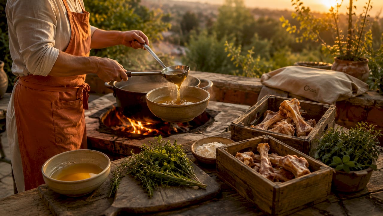 Hands stirring organic gelatin broth in rustic kitchen