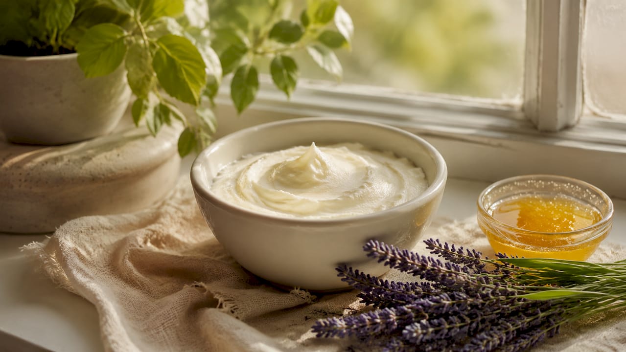 Ceramic bowl with gentle cleanser and natural props