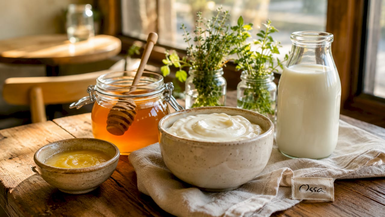 Organic grass-fed dairy products on wooden countertop