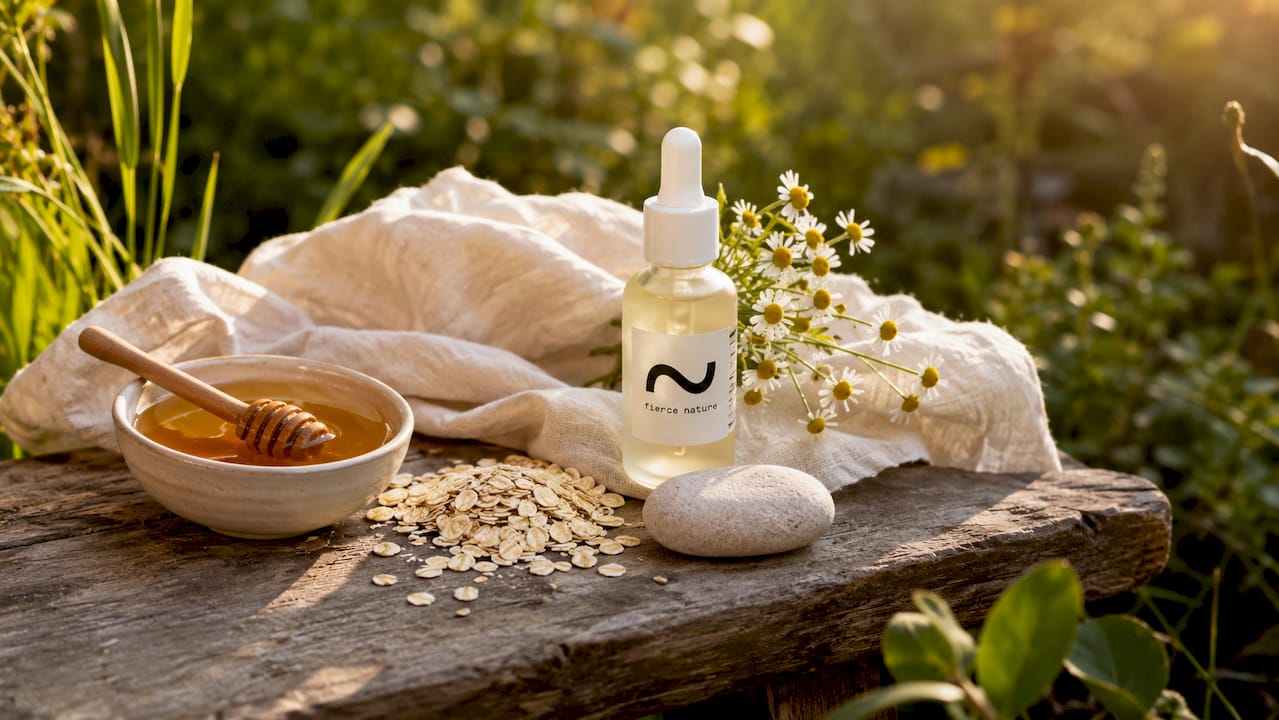Simple natural skincare ingredients on wooden table