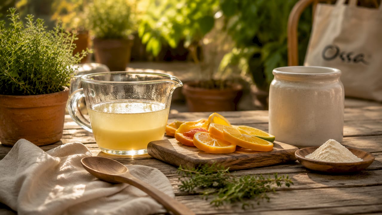 Measuring cup with melted gelatin and herbs on wooden counter
