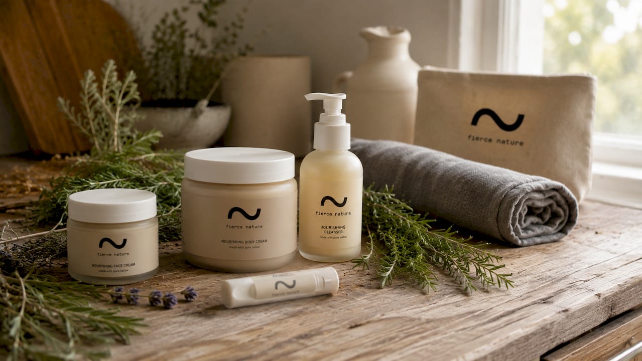 Natural skincare products on bathroom shelf with botanicals