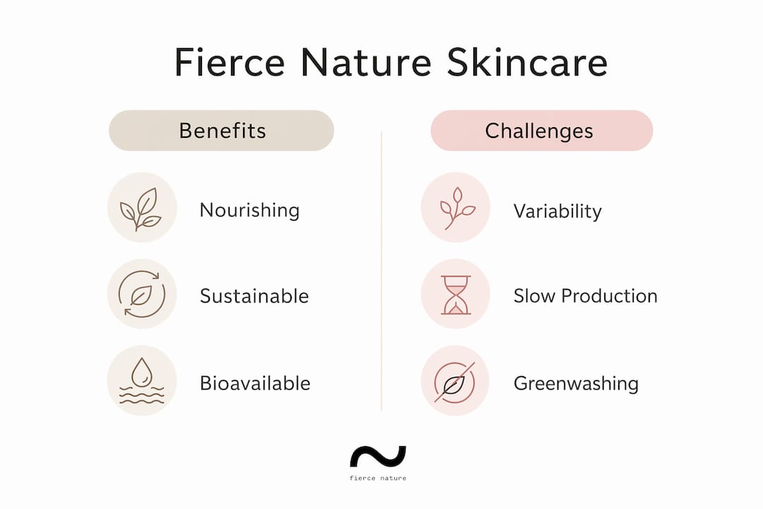 Infographic contrasting benefits and challenges of fierce nature skincare