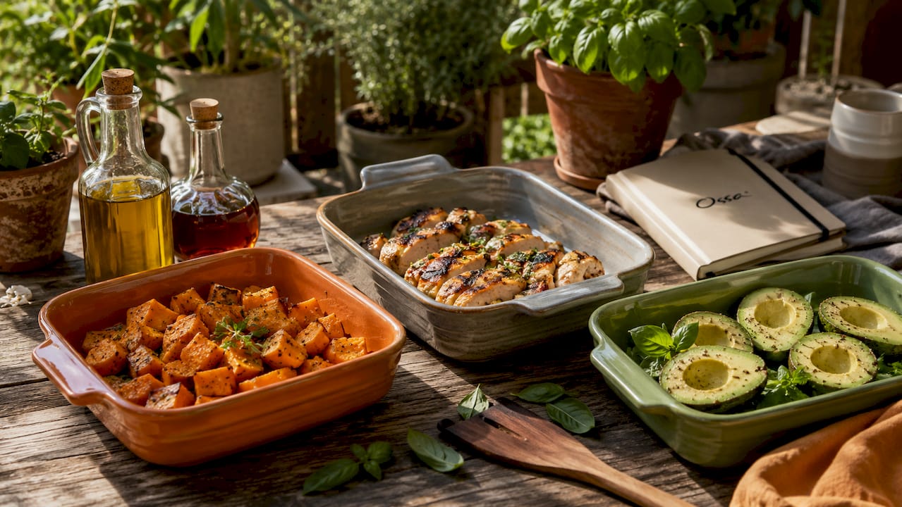 Batch cooking containers with paleo meal ingredients