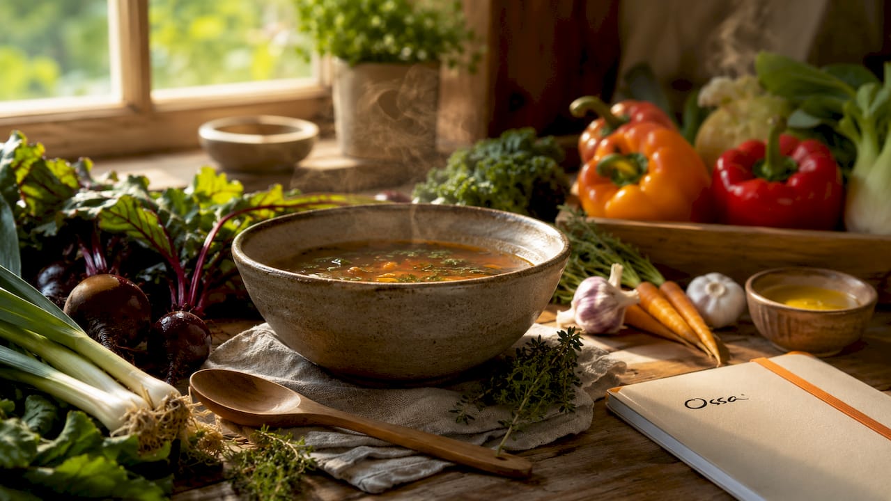 Fresh organic vegetables and bowl of clear vegetable broth overhead view