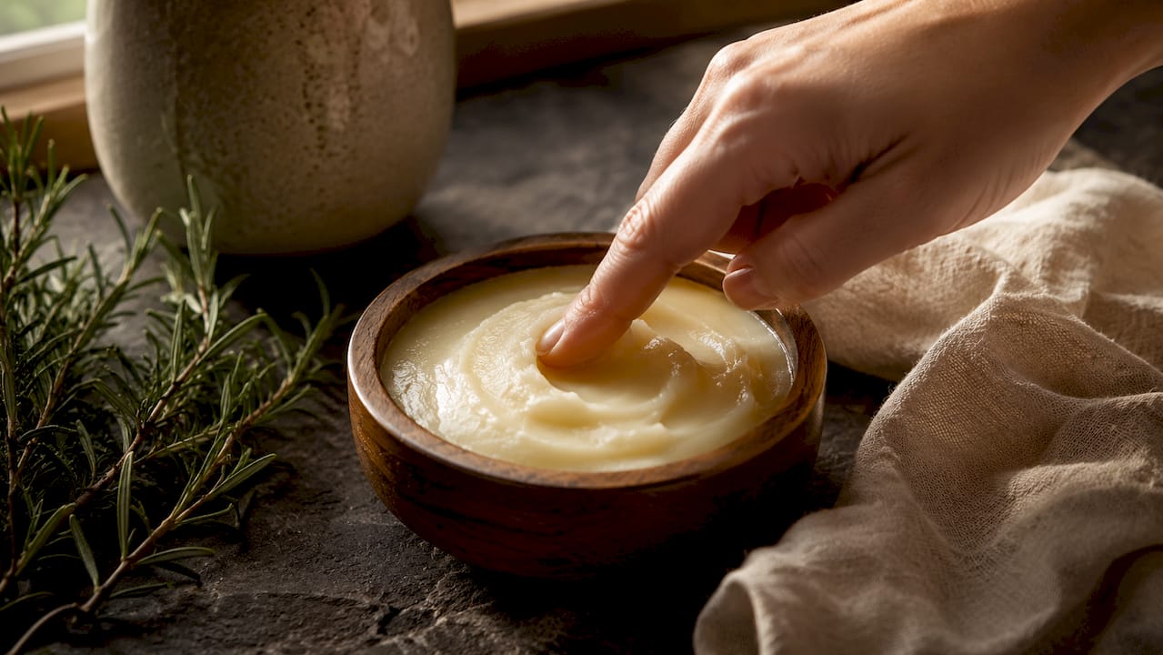 Hand scooping sheep tallow balm from ceramic jar