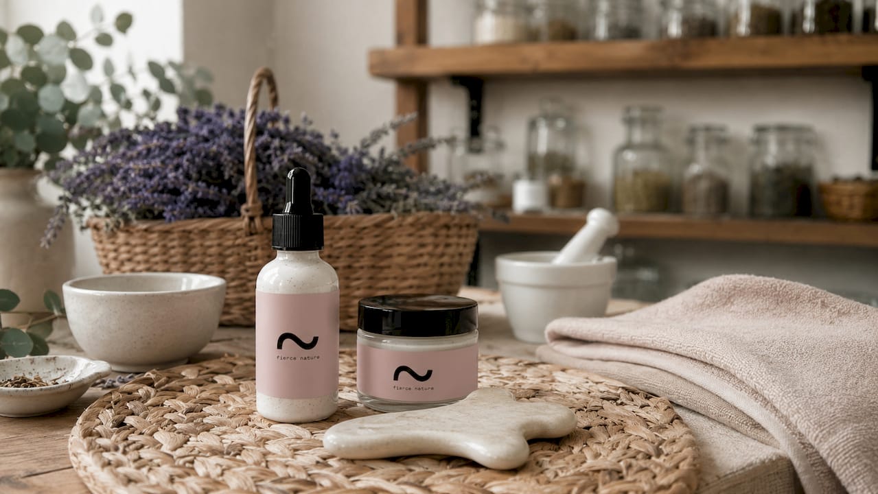 Wooden tray with natural skincare routine essentials and ceramic vessels