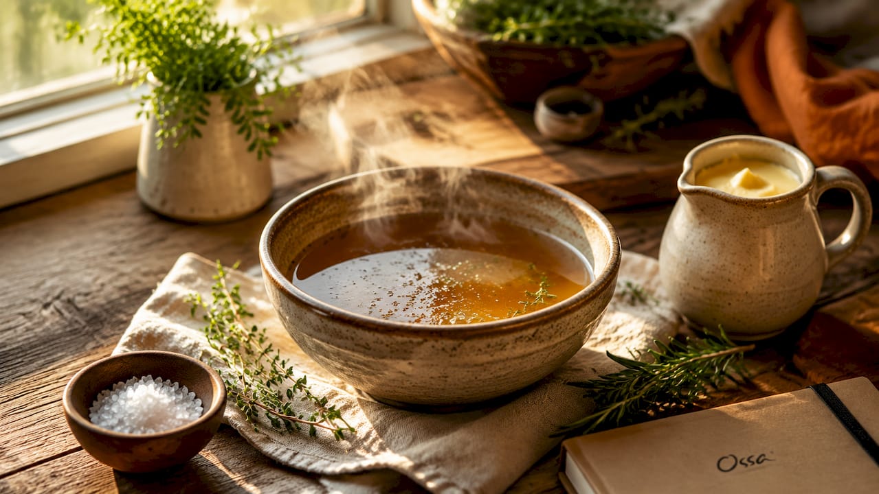 Warm organic bone broth with herbs and honey