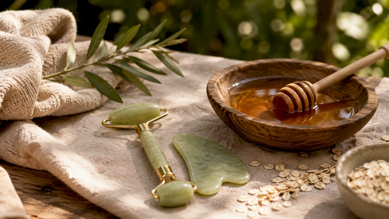 Jade roller and gua sha stone with natural spa props