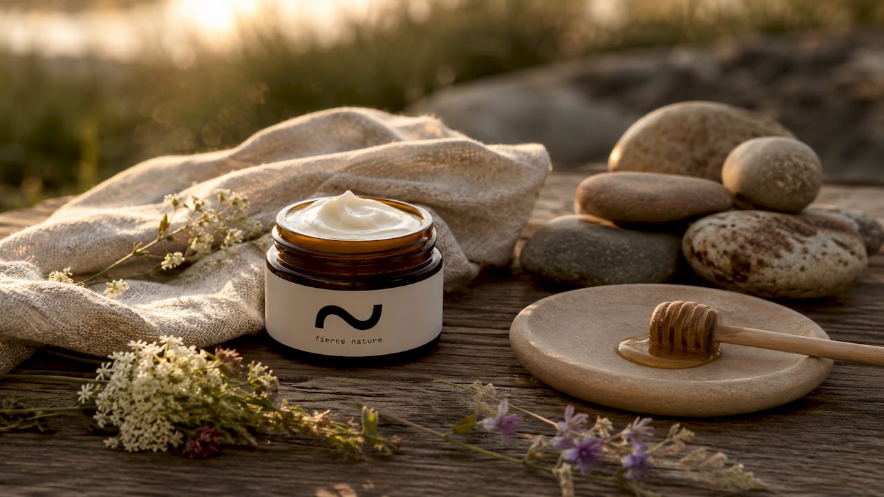 Close-up of open Fierce Nature tallow cream jar with towel