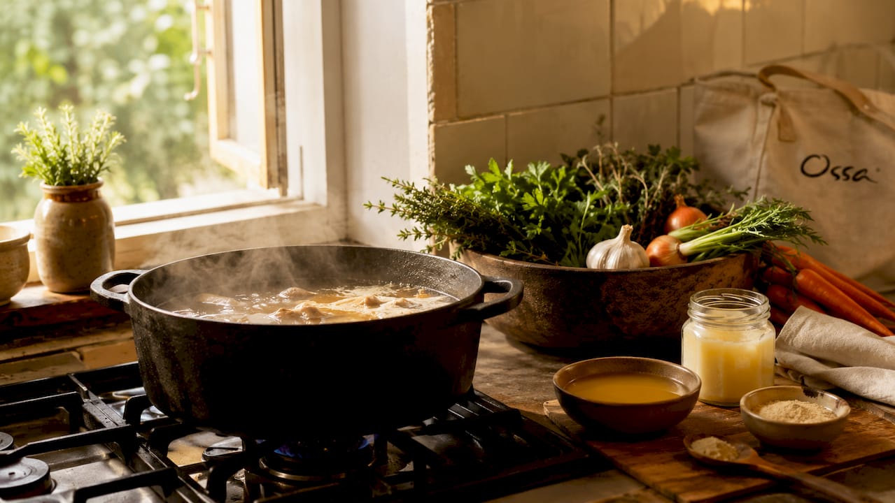 Close-up of ceramic pot simmering bone broth on stove