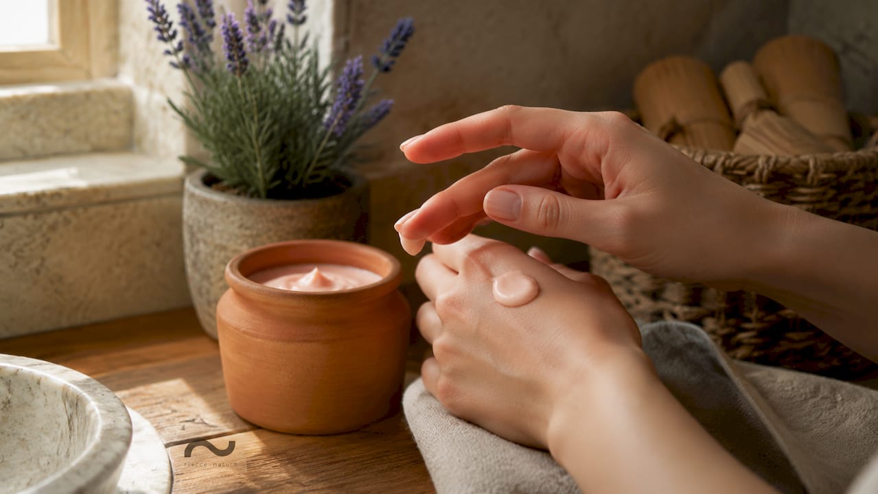 Hands applying luxury body lotion