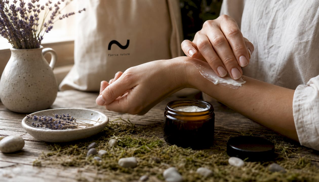 Hands holding tallow cream preparing to apply