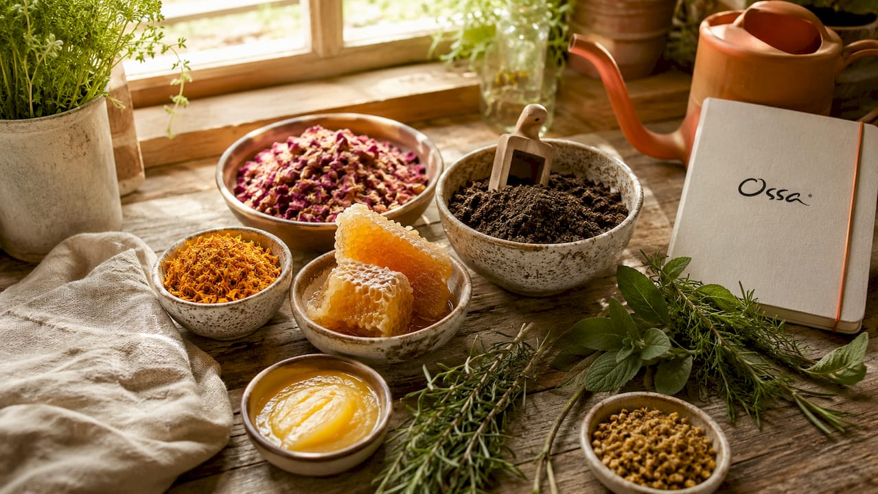 Natural farming supplies on rustic wooden board