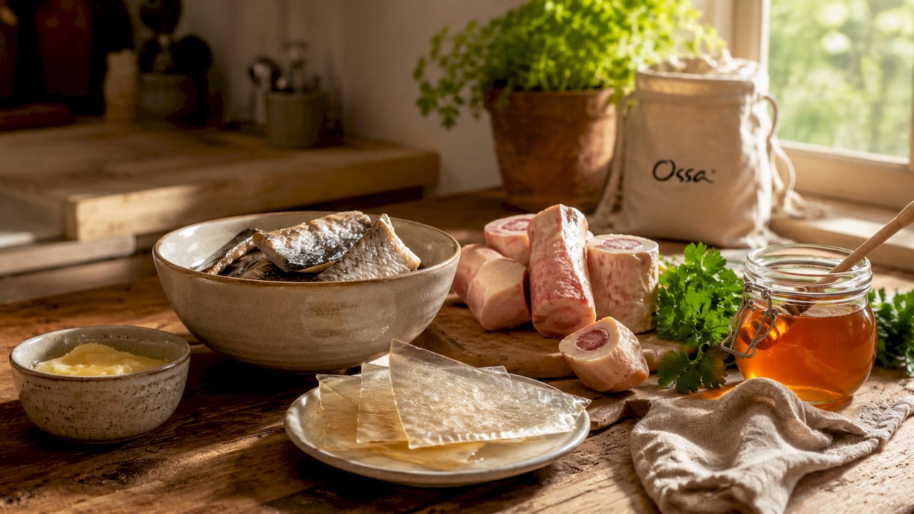 Close-up of natural collagen food ingredients arrangement