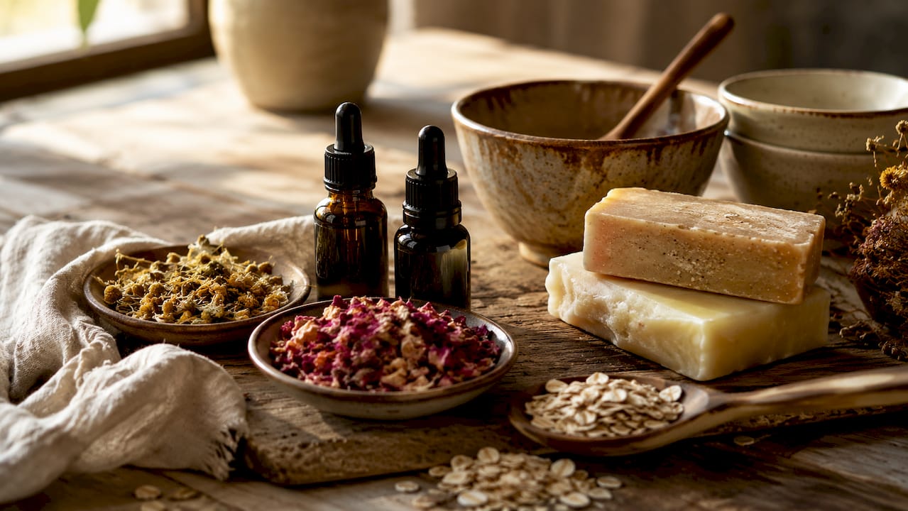 Close-up of earth-derived skincare ingredients and packaging