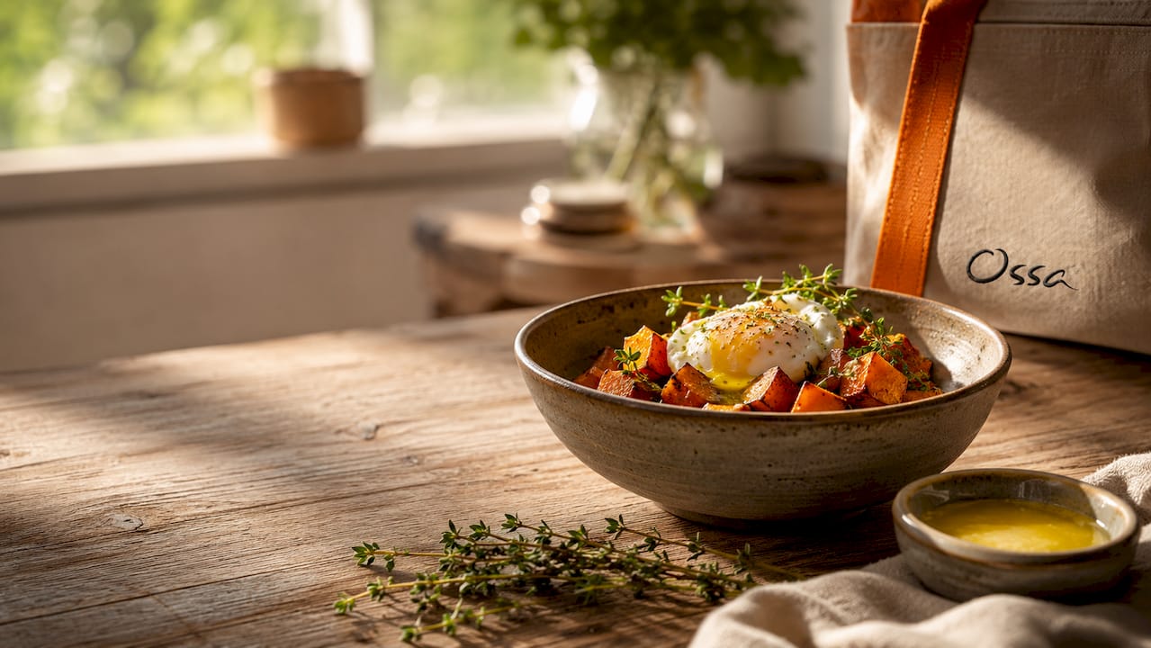 Roasted sweet potato and egg breakfast bowl on table
