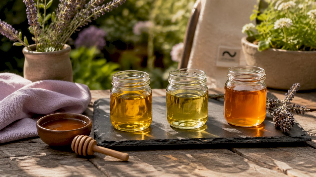 Close-up of natural oils and honey in cozy bathroom setting