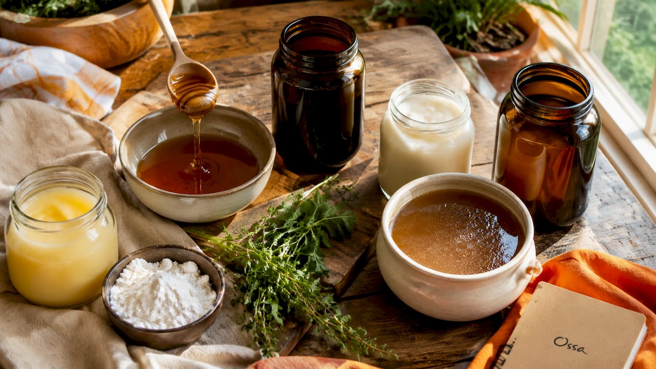 Close-up of organic ingredients on wooden table