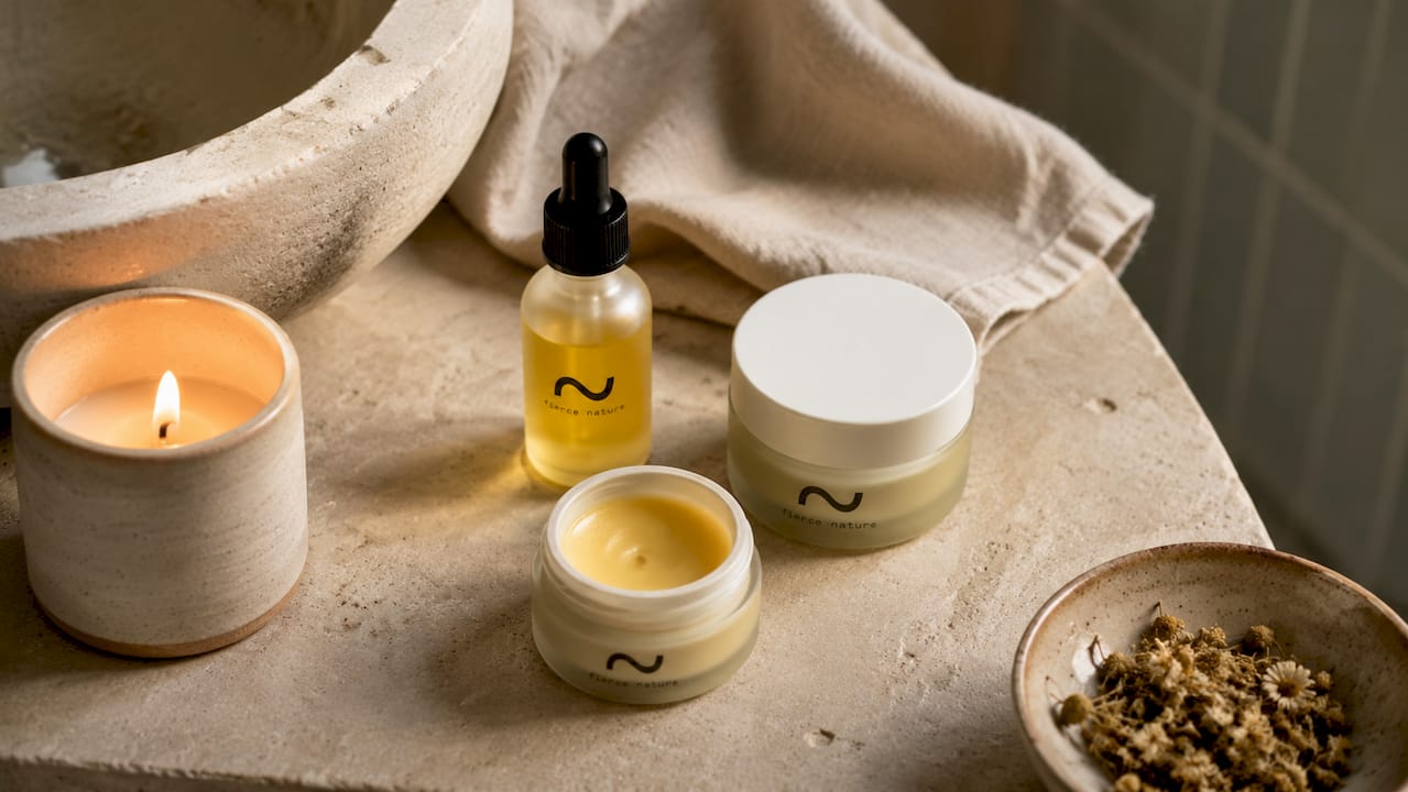 Close-up of evening skincare products on wooden tray