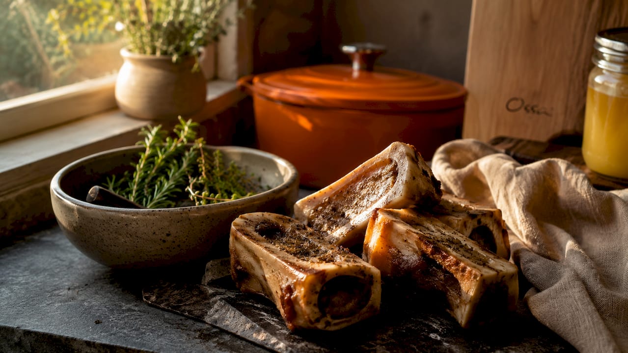 Roasted beef marrow bones on wooden board with apple cider vinegar