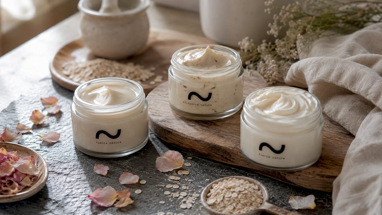 Cream cleanser jars with botanical accents