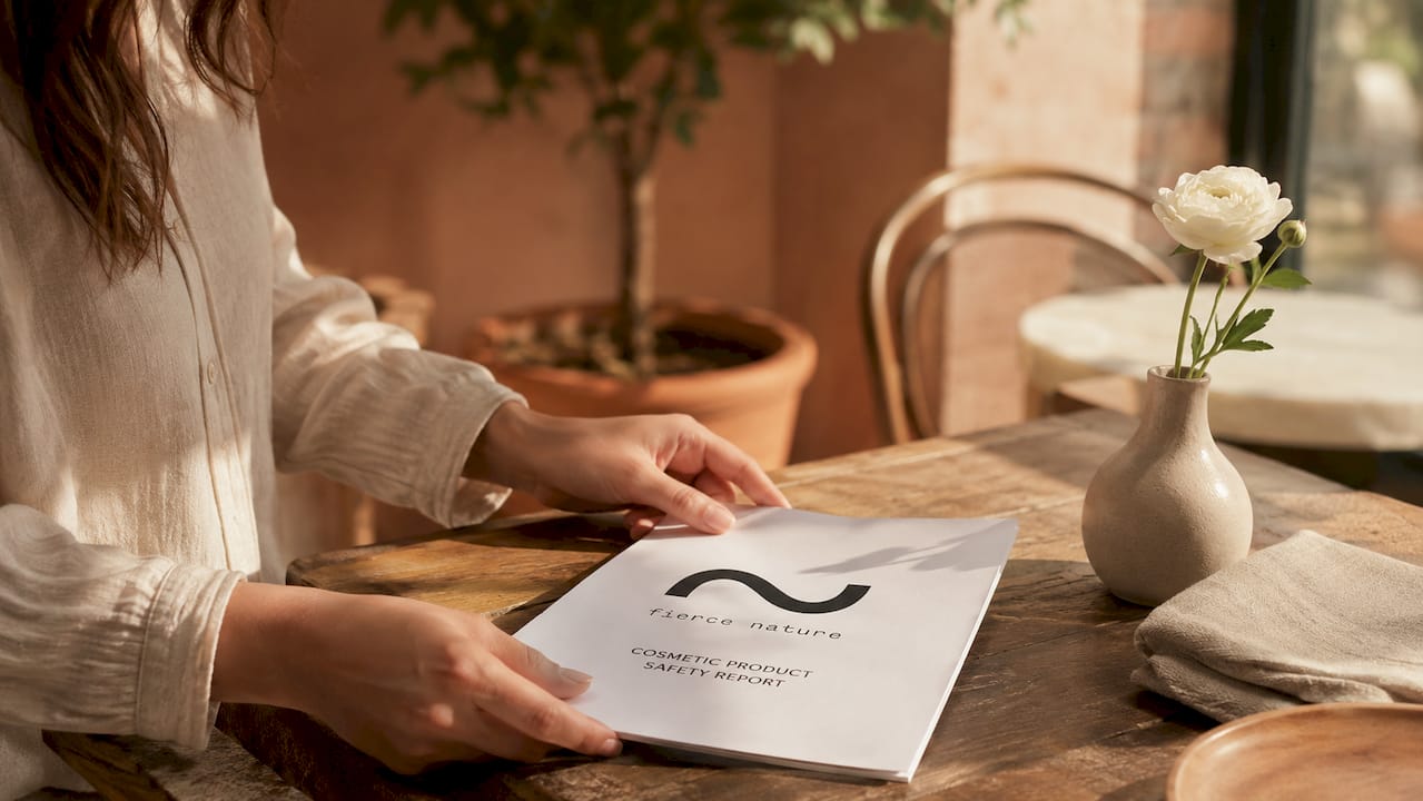 Hands holding UK skincare safety report on natural table