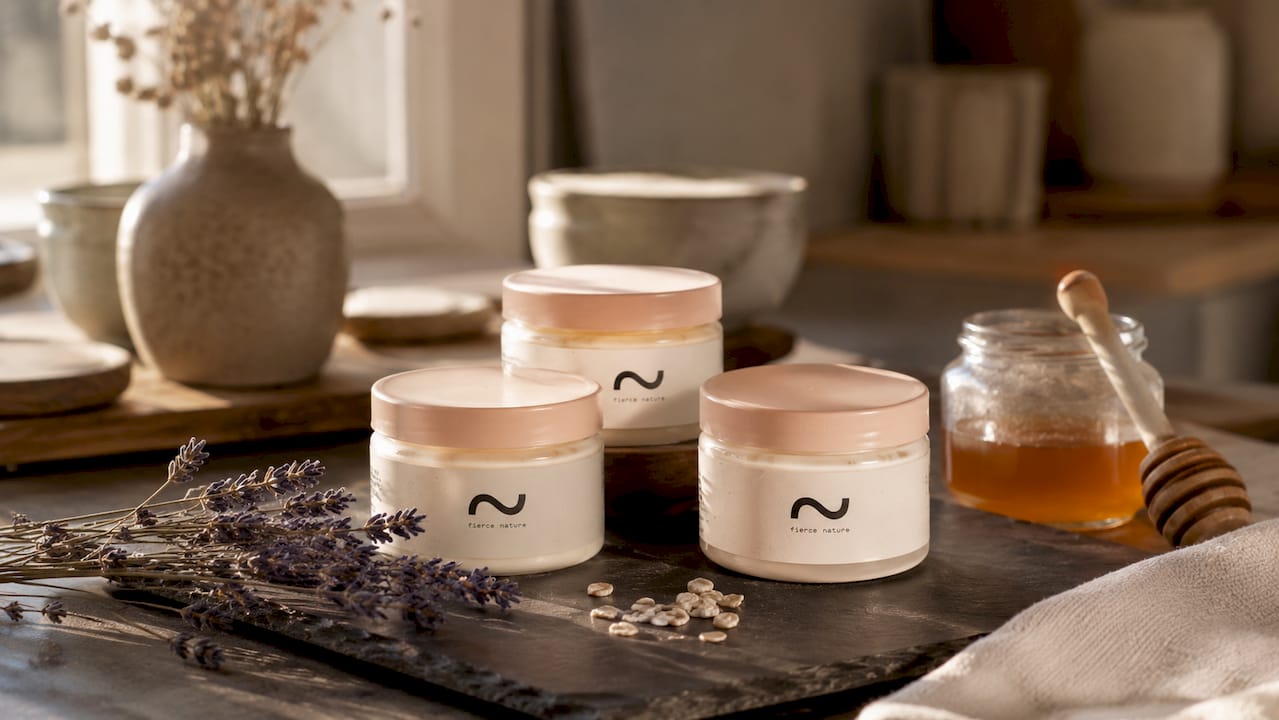Close-up organic skincare on linen and wood