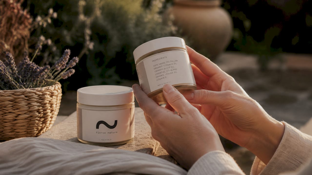 Hands viewing ingredients on skincare jar label