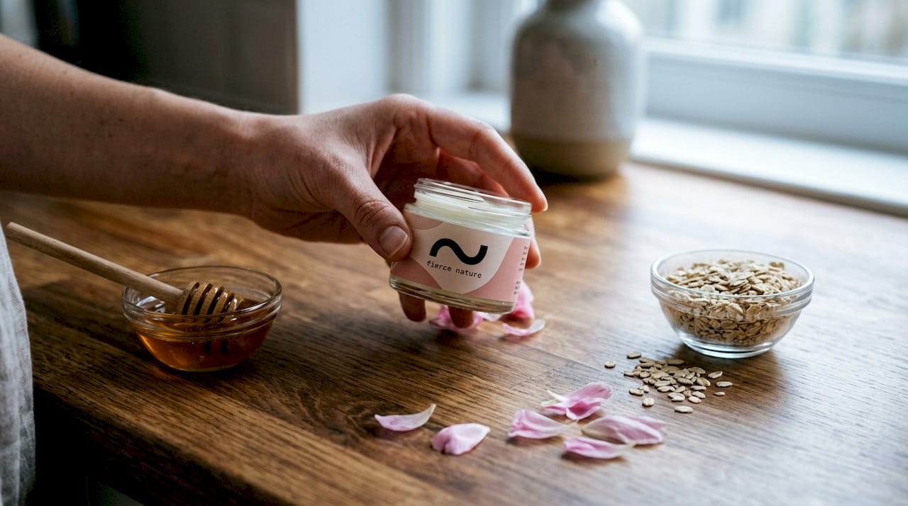 Hands inspecting luxury cream jar label