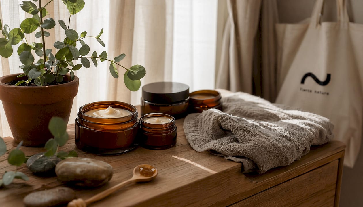 Refillable skincare packaging with natural spa decor