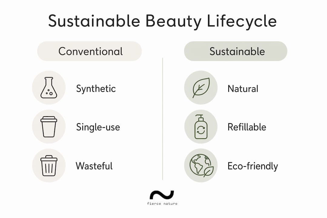 Infographic comparing conventional and sustainable beauty lifecycles