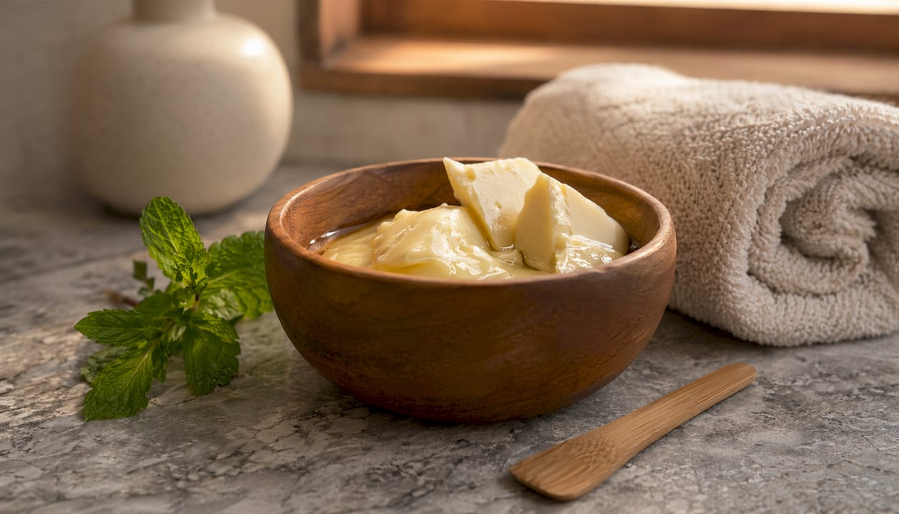 Bowl of shea butter and jojoba oil with linen towel