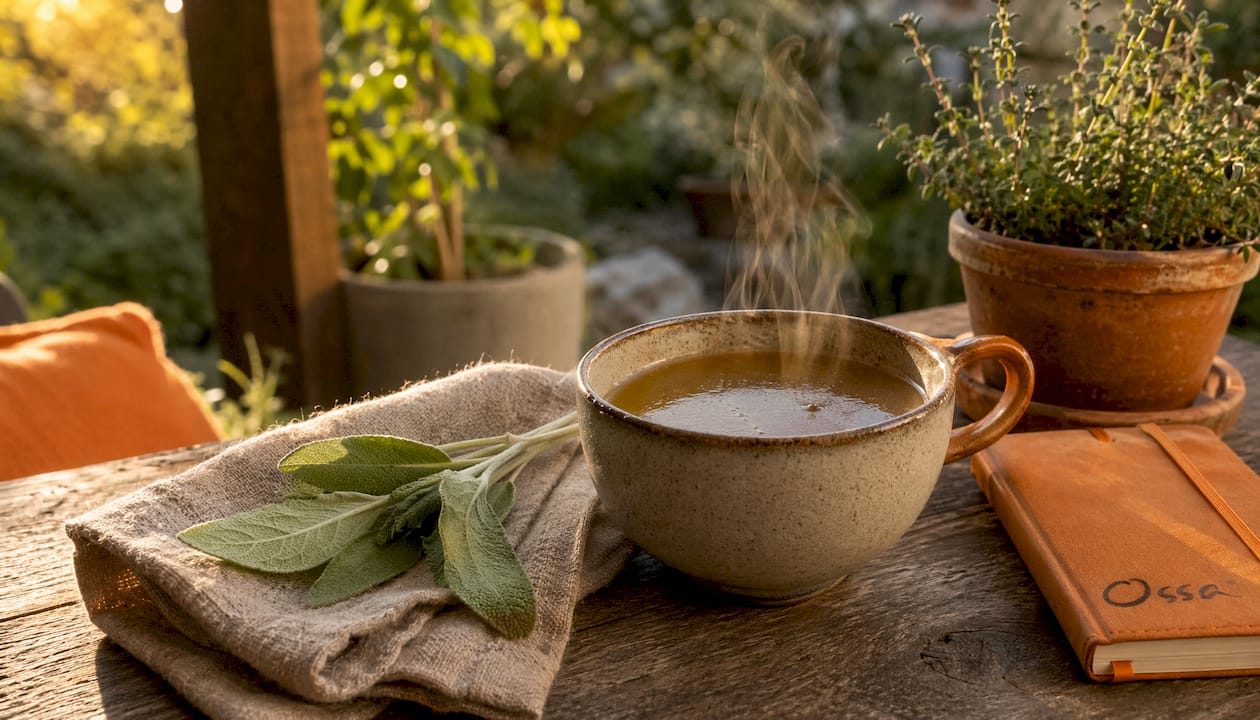 Cup of bone broth with fresh herbs on rustic board