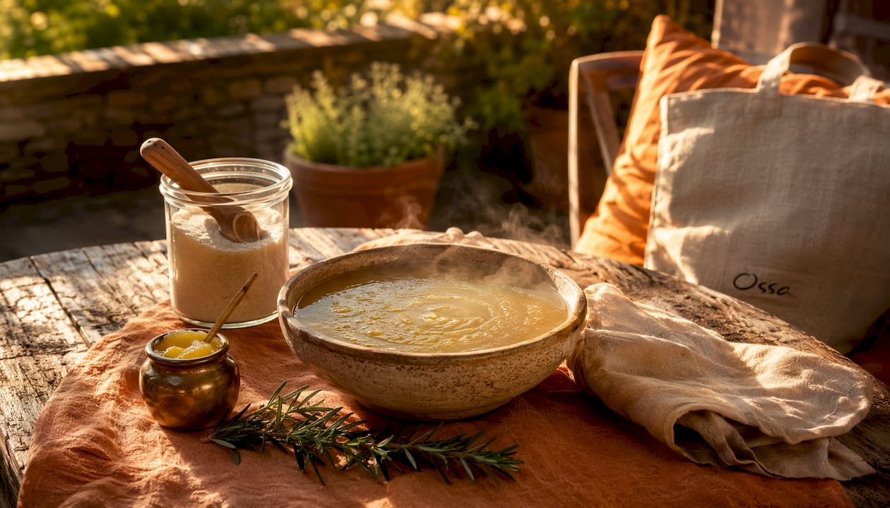 Close-up of bone broth with collagen and ghee